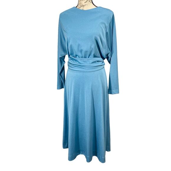 Vintage 80s Women's Retro Claralura Blue Satin Open Back Dress Sz 14 - Picture 9 of 9